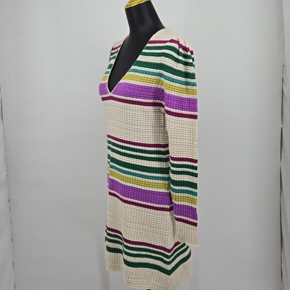 FREE PEOPLE Striped Ivory V Neck Gidget Sweater Dress Green Purple Size Small - Picture 10 of 13